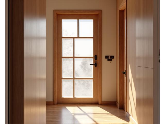Elegant wooden door with multiple, geometrically arranged frosted glass panels, allowing soft light while maintaining privacy.