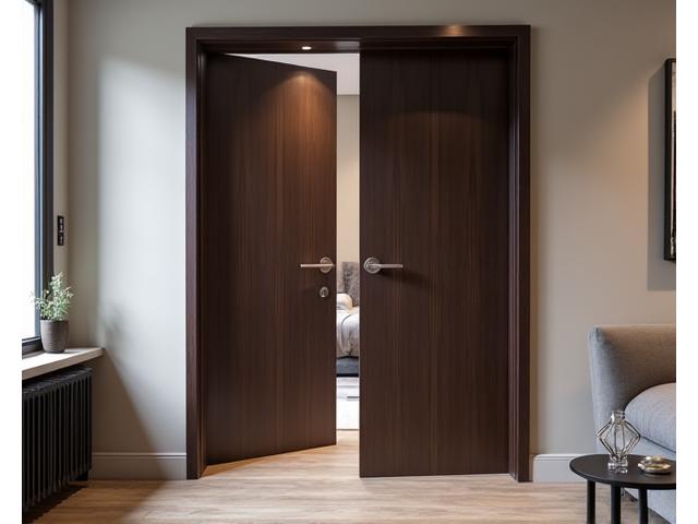 Sleek, tall dark wood pivot door in a modern apartment entryway, open slightly to reveal an inviting interior. The door emphasizes clean lines and sophisticated design.